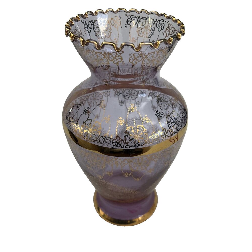 Vtg 10” Vecchia Murano Art Glass Vase 24K Gold Neodymium Purple Color Change